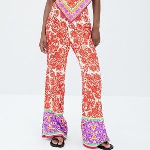 NWT Zara Orange & Purple Printed Wide Flared Leg Pajama Style Pants - S